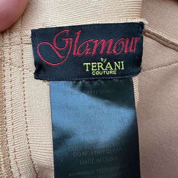 P8640 TERANI COUTURE BANDAGE DRESS Gold Metallic Glitter Mermaid Bodycon Size 4 - Picture 9 of 10